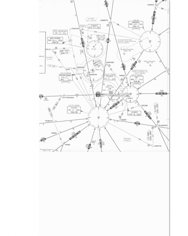 An example of an instrument flying en route chart. The lines show what are termed “Victor Airways” which can be imagined as highways in the sky, each numbered beginning with a “V”. Example V20N defined by the 033 radial of a VOR. The triangles are intersections, example “Bobby Jones” defined by the 033 radial&nbsp;of one VOR and the 267 radial of another. Disciplined pilots track progress carefully along Victor Airway courses.&nbsp;
