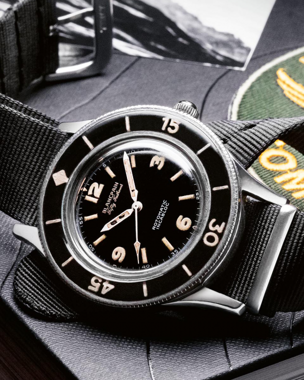 One of the first Fifty Fathoms from 1953,&nbsp;already featuring three Blancpain patents and&nbsp;all the key design elements of the modern diving watch.
