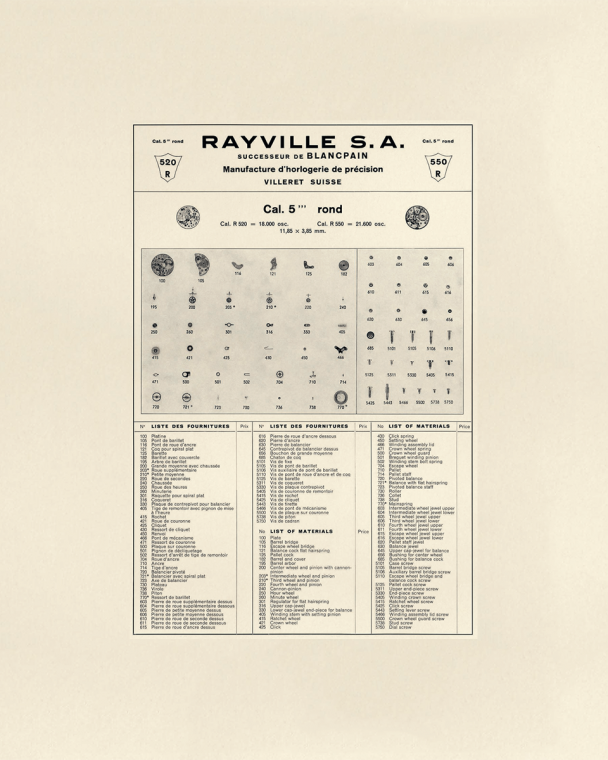 The Ladybird specification sheet showing components&nbsp;in actual size; take note of the balance wheel at far left, bottom row.
