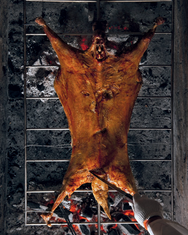 The lamb is slow roasted for four hours.
