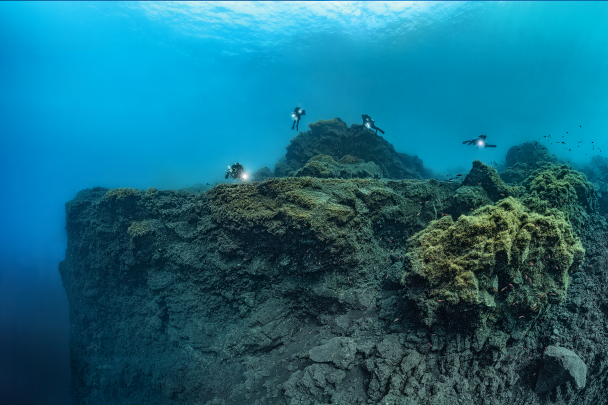 In front of the divers is a brutal slope break. No doubt about it: the divers are about to enter the underwater corridor of the Sciara, where regular landslides prevent marine life from settling.
