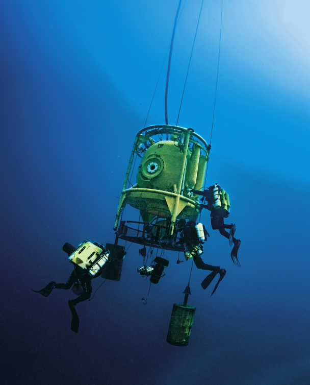 For saturation dives, divers use a sort of sophisticated ‘lift’ called a diving bell, which shuttles between the hyperbaric chamber on the surface and the dive site. And when diving with no umbilical, finding the diving bell is absolutely crucial!

&nbsp;

&nbsp;
