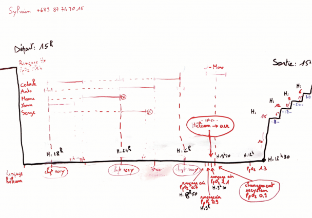 The table summing up the plan for the 24-hour dive, detailing the exact timing for gas changes and the team members who will take turns in accompanying Laurent Ballesta.
