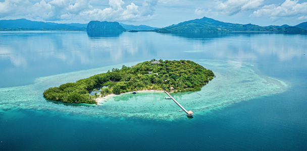 An aerial view of Pangatalan Island, Shark Fin Bay.
