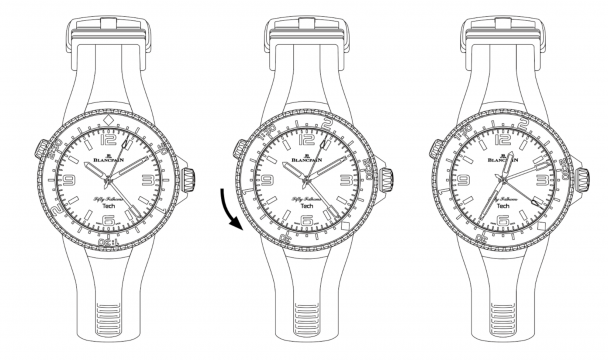 A. The watch before setting the bezel.

B. Placing the index opposite the three-hour hand at the start of a dive.

C. Reading the elapsed dive time on the bezel (2 hours and 25 minutes).
