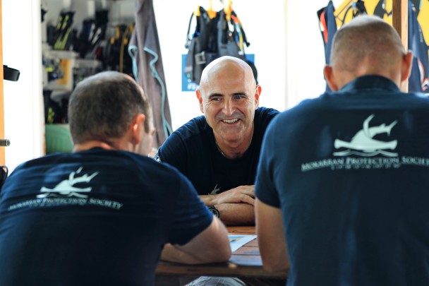 Blancpain President &amp; CEO Marc A. Hayek in Rangiroa, French Polynesia, during a scientific expedition dedicated to the study of the great hammerhead shark, Sphyrna mokarran, in 2020.