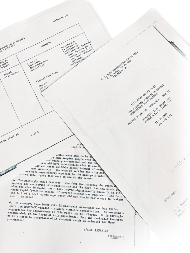 Pages from the US Navy’s May 11, 1959 testing evaluation report on Submersible Wrist Watches, which concluded that the Fifty Fathoms “yielded virtually complete satisfaction”.