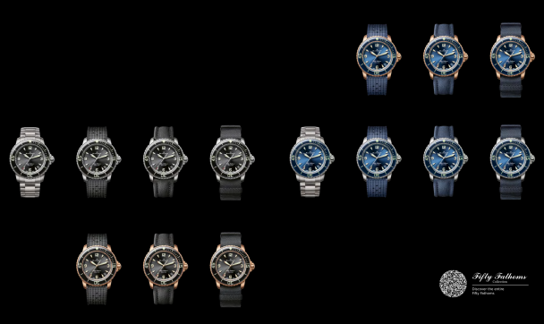 FIFTY FATHOMS Automatique collection With the choice of two case materials (titanium and red gold), two dial/bezel colors (black and blue) and four strap/bracelet options, there are fourteen different versions from which to choose.&nbsp;
