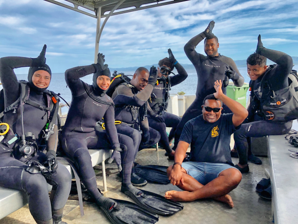 The team from Beqa Adventure Divers monitors who is using the AWARE MPA Community Grant to help assess and restore the health of the Shark Reef Marine Reserve in Fiji.
