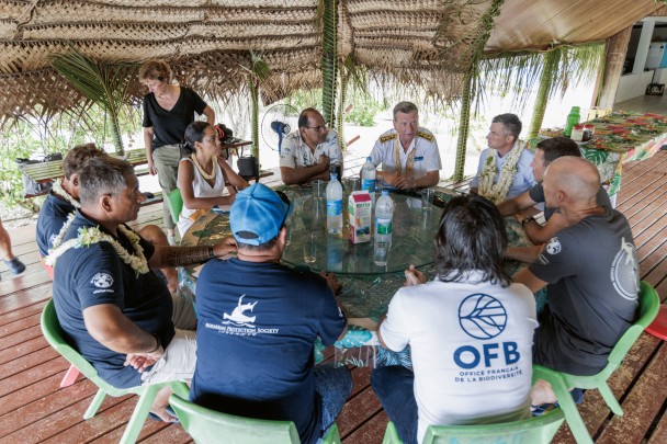 Round table involving local stakeholders in the management of marine environments and government representatives: Mr Spitz, High Commissioner of the Republic in French Polynesia; Mr Maraeura, Mayor of Rangiroa; Ms Tehaamatai, Secretary General of Rangiroa; Ms Hebraud-Bethencourt, Director of State Intervention; Mr Matarere, member of the MPS; Mr Jeandel, Chairman of the MPS; Mr Wong Sang, representative of the Rangiroa municipality management committee; Mr Connan, Director of the French Biodiversity Agency (OFB) in French Polynesia; Mr Guilbert, Coordinator of the TAMATAROA programme; Mr Ballesta, Director of Andromède Océanologie; and Mr Marotel, Secretary General of the High Commission of the Republic in French Polynesia.&nbsp; &nbsp;