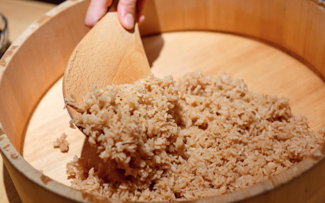 Sushi Tokami’s rice accented by red vinegar.
