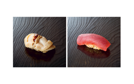 Varieties of sushi nigiri, clockwise from upper left:&nbsp;otoro,&nbsp;uni, red tuna, eel.
