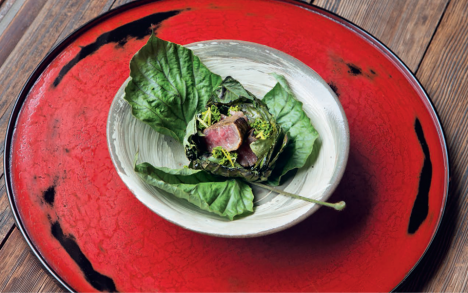 Wagyu beef in kuzu leaf.
