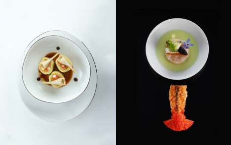 Foie gras en robe de pomme de terre, Langoustines chaud &amp; froid.
