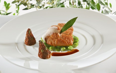 Ris de veau cuit en casserole aux févettes et petits pois, morilles farcies.
