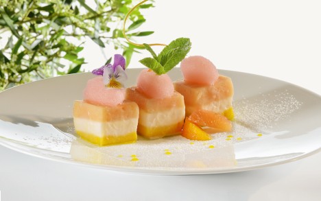 Trilogie glacée aux agrumes d’Amalfi, champagne rosé et filets d’agrumes.

