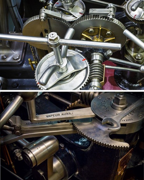 The ratchet pump&nbsp;is driven by the movement of the pair of cams that control the admission of steam into the high pressure cylinder. This ingenious geared device bears a resemblance to a clock. It lubricates inaccessible parts while the machine is running.
