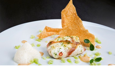 Taco de merluza enrollado en cenizas de papada ibérica, granos de hinojo y begi haundi líquido.
